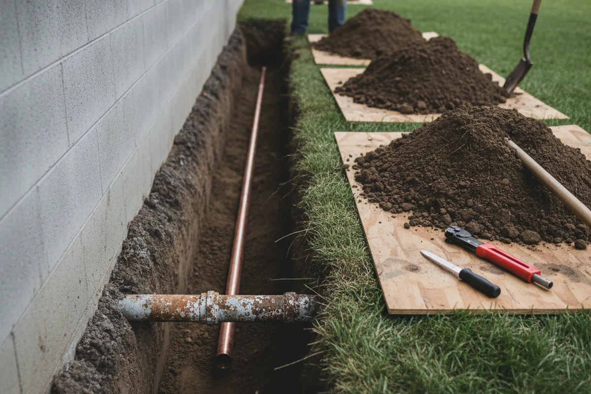 Excavated water line trench during Sewer Line Repair in Sherrill